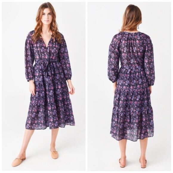 XiRENA Annieka Long Sleeve Belted Tie Midi Dress Silk Blend Floral Black Small - Picture 1 of 16